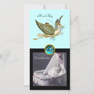 STORK BABY SHOWER SQUARE MONOGRAM, aquamarine Aankondiging