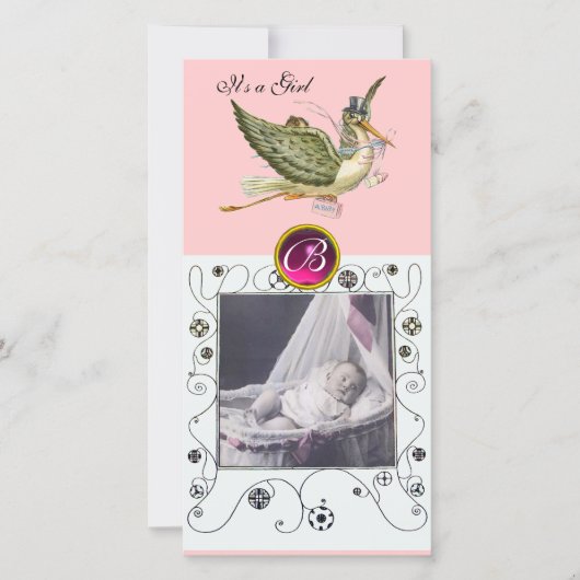 STORK BABY SHOWER SWIRLS MONOGRAM robijnwit Aankondiging (Voorkant)