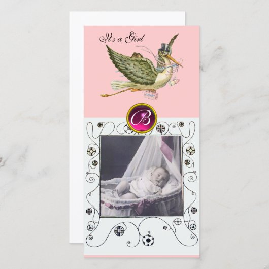 STORK BABY SHOWER SWIRLS MONOGRAM robijnwit Aankondiging (Voorkant / Achterkant)