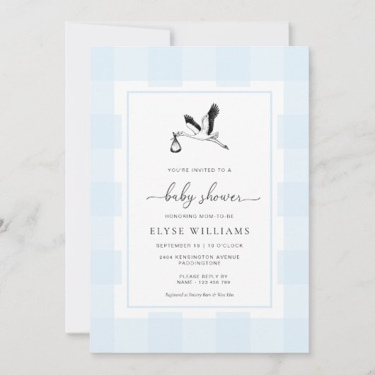 Stork Blue En vichy Baby shower Invitation (Devant)