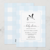 Stork Blue Gingham Baby shower Invitation Kaart (Voorkant / Achterkant)