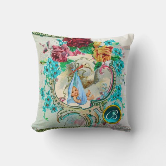 STORK BOY BABY SHOWER Bloemen Monogram Keepsake Kussen (Voorkant)