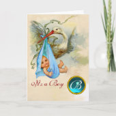 STORK BOY BABY SHOWER BLUE GEM MONOGRAM AANKONDIGING (Voorkant)