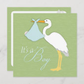 Stork Boy Baby shower Invitation Square Kaart (Voorkant / Achterkant)
