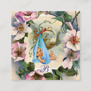 STORK BOY BABY SHOWER, PINK WILD ROZEN MONOGRAM INFORMATIEKAARTJE
