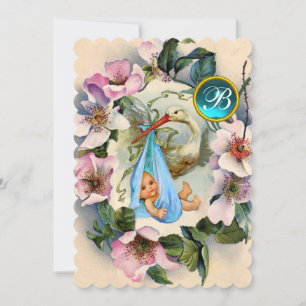 STORK BOY BABY SHOWER, PINK WILD ROZEN MONOGRAM KAART