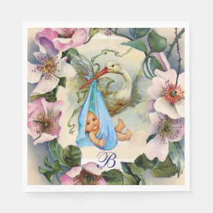 STORK BOY BABY SHOWER, PINK WILD ROZEN MONOGRAM SERVET