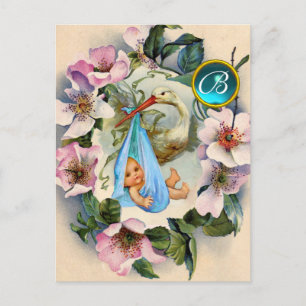 STORK BOY BABY SHOWER, PINK WILD ROZEN MONOGRAM UITNODIGING BRIEFKAART