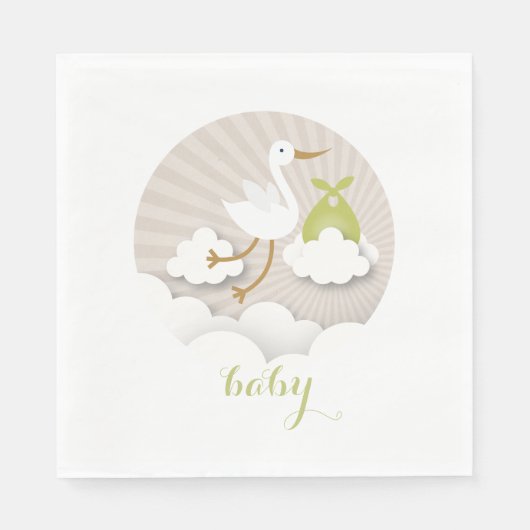 Stork + Clouds Neutral Green Baby shower servetten (Voorkant)
