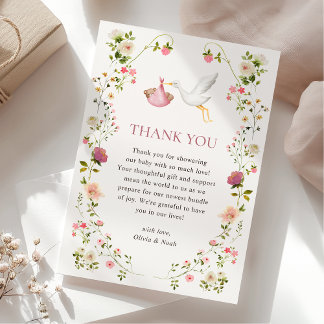 Stork Delivery Pink Floral Garden Girl Baby Shower Bedankkaart