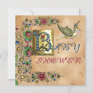 STORK GIRL BABY SHOWER FLORAL PARCHMENT MONOGRAM KAART