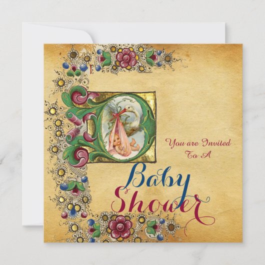 STORK GIRL BABY SHOWER FLORAL PARCHMENT MONOGRAM KAART (Voorkant)