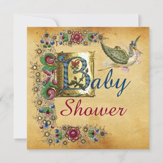 STORK GIRL BABY SHOWER FLORAL PARCHMENT MONOGRAM KAART (Voorkant)