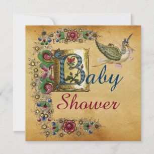 STORK GIRL BABY SHOWER FLORAL PARCHMENT MONOGRAM KAART