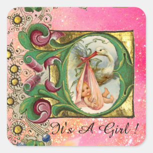 STORK GIRL BABY SHOWER FLORAL PARCHTING IN PINK VIERKANTE STICKER