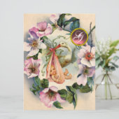 STORK GIRL BABY SHOWER, PINK WILD ROZEN MONOGRAM KAART (Staand voorkant)