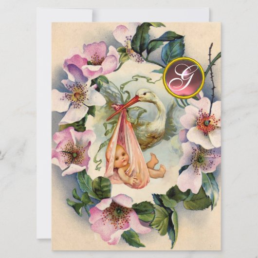 STORK GIRL BABY SHOWER, PINK WILD ROZEN MONOGRAM KAART (Voorkant)