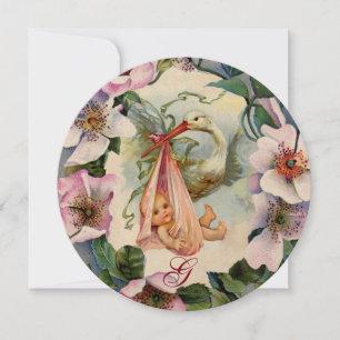 STORK GIRL BABY SHOWER, PINK WILD ROZEN MONOGRAM KAART