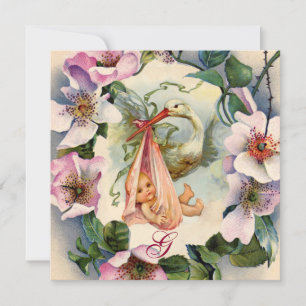 STORK GIRL BABY SHOWER, PINK WILD ROZEN MONOGRAM KAART