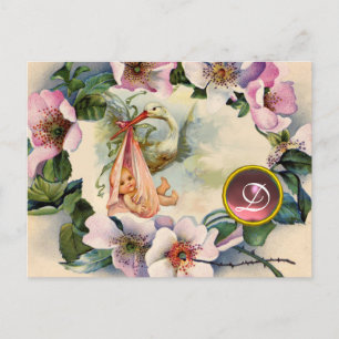 STORK GIRL BABY SHOWER, PINK WILD ROZEN MONOGRAM UITNODIGING BRIEFKAART