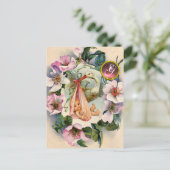 STORK GIRL BABY SHOWER, PINK WILD ROZEN MONOGRAM UITNODIGING BRIEFKAART (Staand voorkant)