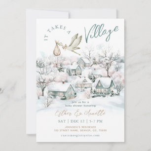 Stork Het duurt een Dorp Winter Baby shower Kaart