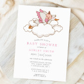 Stork Pink Clouds Bird Modern Baby shower Kaart