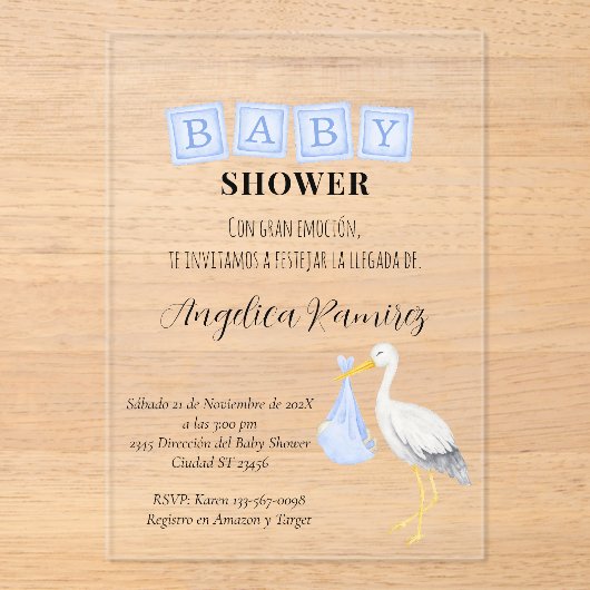 Stork Spaans Baby shower Dusty Blue Script Acryl Uitnodigingen (Voorkant)
