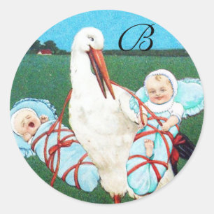STORK TWIN BABY BOY SHOWER, blauwgroen blauw Ronde Sticker