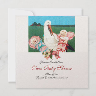 STORK TWIN BABY GIRL SHOWER, champagne metallic Kaart