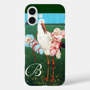 STORK TWIN BABY SHOWER MONOGRAM iPhone 16 PLUS HOESJE