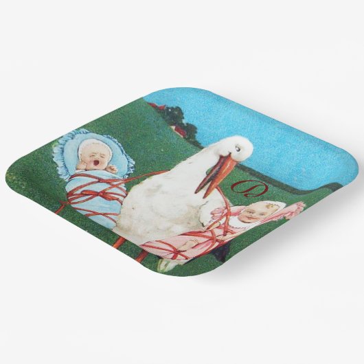STORK TWIN BABY SHOWER MONOGRAM PAPIEREN BORDJE (Gebogen)