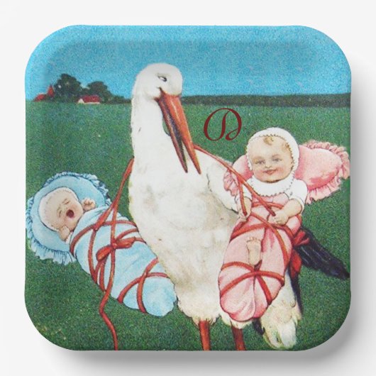 STORK TWIN BABY SHOWER MONOGRAM PAPIEREN BORDJE (Voorkant)
