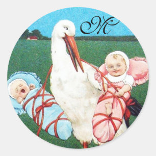 STORK TWIN BABY SHOWER MONOGRAM RONDE STICKER