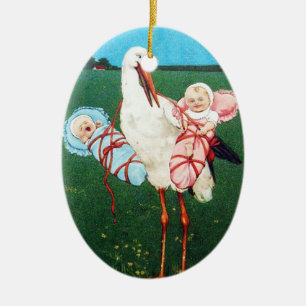 STORK TWIN BABY SHOWER, roze, Blauwgroen blauw Keramisch Ornament