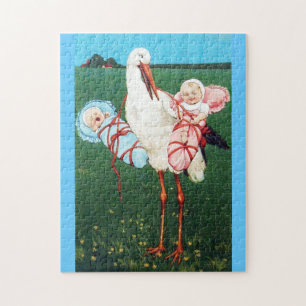 STORK TWIN BABY SHOWER, roze, Blauwgroen blauw Legpuzzel