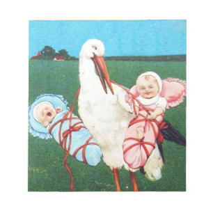 STORK TWIN BABY SHOWER, roze, Blauwgroen blauw Notitieblok