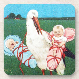 STORK TWIN BABY SHOWER, roze, Blauwgroen blauw Onderzetter