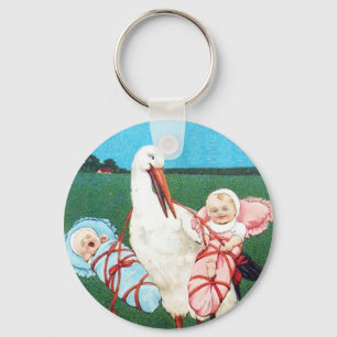 STORK TWIN BABY SHOWER, roze, Blauwgroen blauw Sleutelhanger