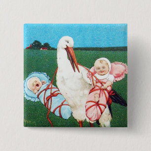 STORK TWIN BABY SHOWER, roze, Blauwgroen blauw Vierkante Button 5,1 Cm