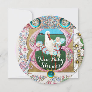 STORK TWIN BOYS BABY SHOWER, FLORAL GEMSTONES KAART