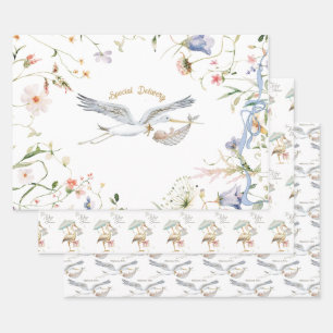 Stork Wildflower Ribbon Baby shower Inpakpapier Vel