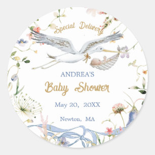Stork Wildflower Ribbon Baby shower Ronde Sticker