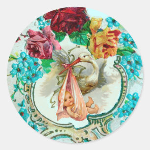 STORKMEISJE BABY SHOWER PINKROESEN EN BLAUWE STROM RONDE STICKER