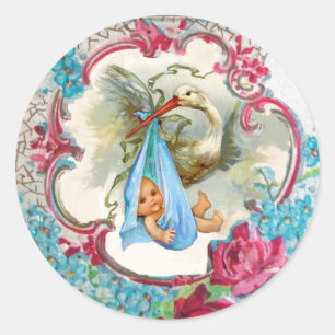 STORKMEISJE BABY SHOWER PINKROESEN EN BLAUWE STROM RONDE STICKER