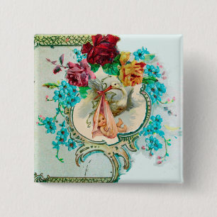 STORKMEISJE BABY SHOWER/PINKROSES BLAUWE STROMEN VIERKANTE BUTTON 5,1 CM