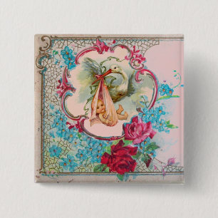 STORKMEISJE BABY SHOWER/PINKROSES BLAUWE STROMEN VIERKANTE BUTTON 5,1 CM