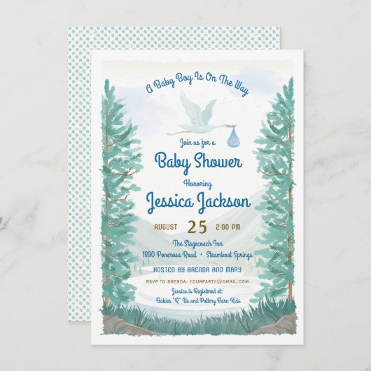 Stork's Journey Baby Boy Shower Invitation (Devant / Derrière)