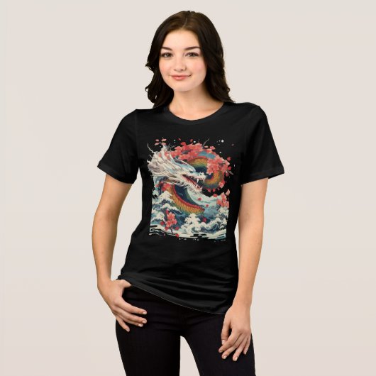 Storm Dragon with Sakura and Waves Tri-Blend Shirt (Voorkant volledig)