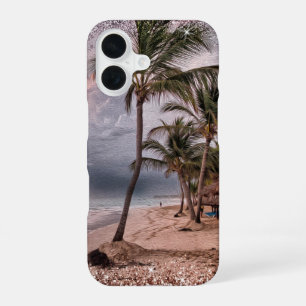 Stormachtig strand met palmbomen iPhone 16 hoesje
